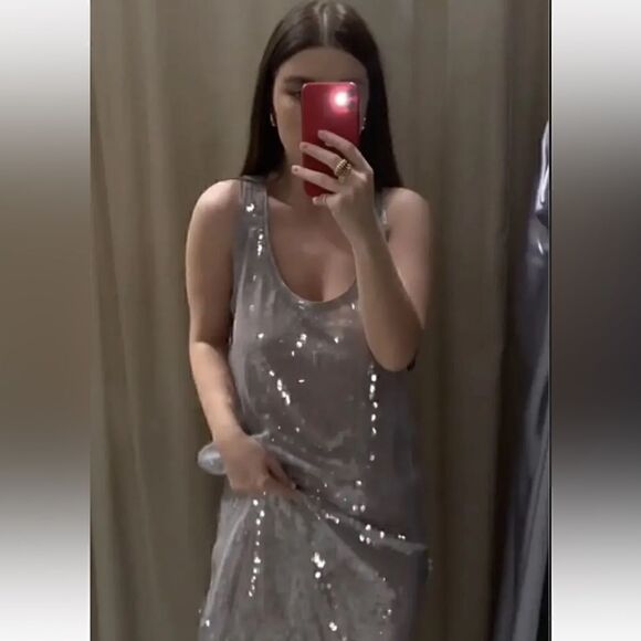 ZARA SEQUIN MIDI DRESS SILVER - Picture 5 of 6